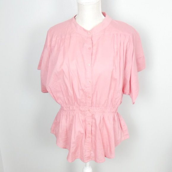 Free People Pink Button Up Short Sleeve Top w/ Gathered Waist Crochet Back Small - Picture 1 of 10